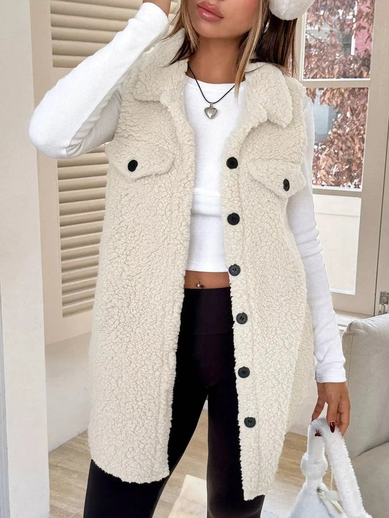 Women’s Button-Down Sherpa Fleece Vest Coat | Cozy Layered Outerwear - Image 10