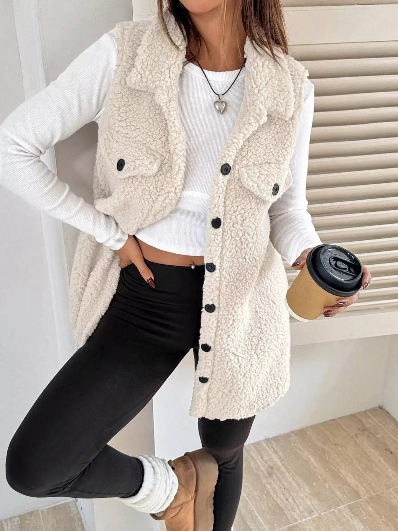 Women’s Button-Down Sherpa Fleece Vest Coat | Cozy Layered Outerwear - Image 11
