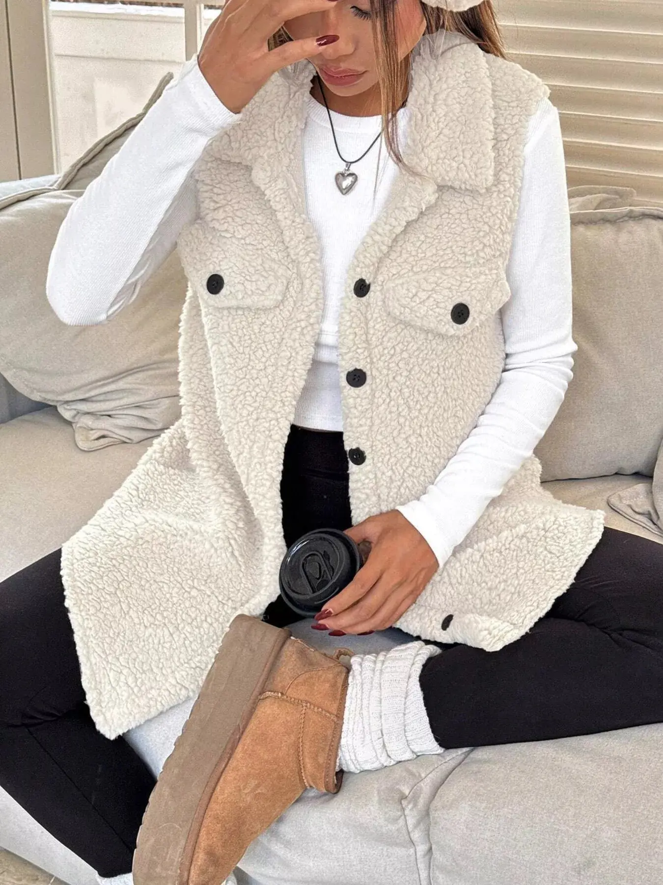 Women’s Button-Down Sherpa Fleece Vest Coat | Cozy Layered Outerwear - Image 12