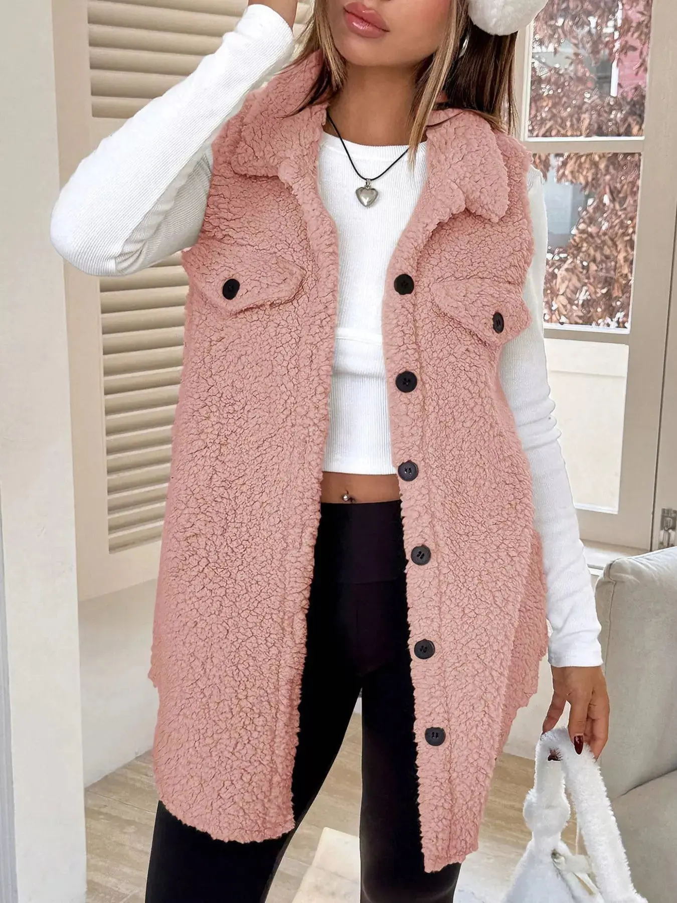 Women’s Button-Down Sherpa Fleece Vest Coat | Cozy Layered Outerwear - Image 14