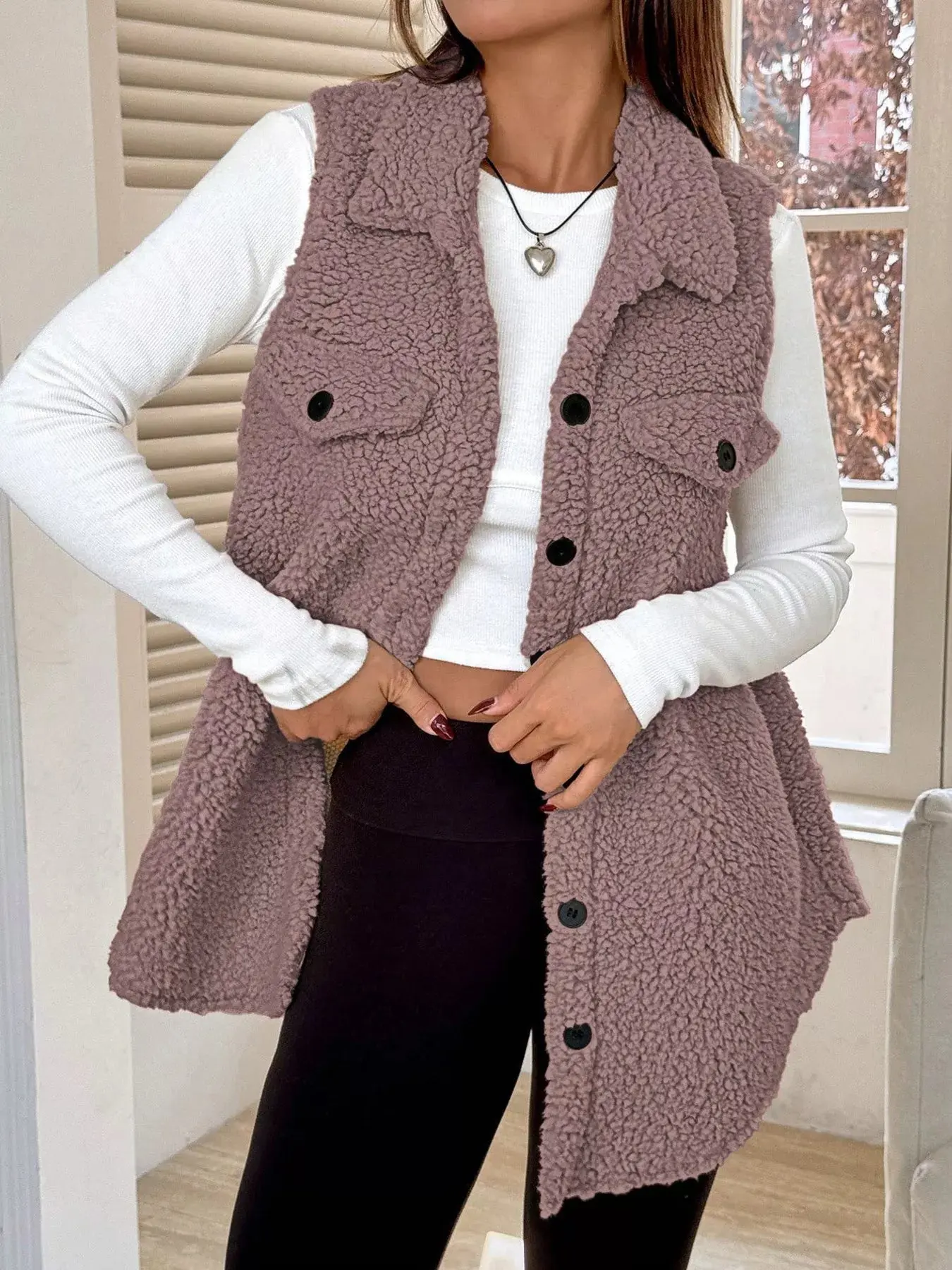 Women’s Button-Down Sherpa Fleece Vest Coat | Cozy Layered Outerwear - Image 18