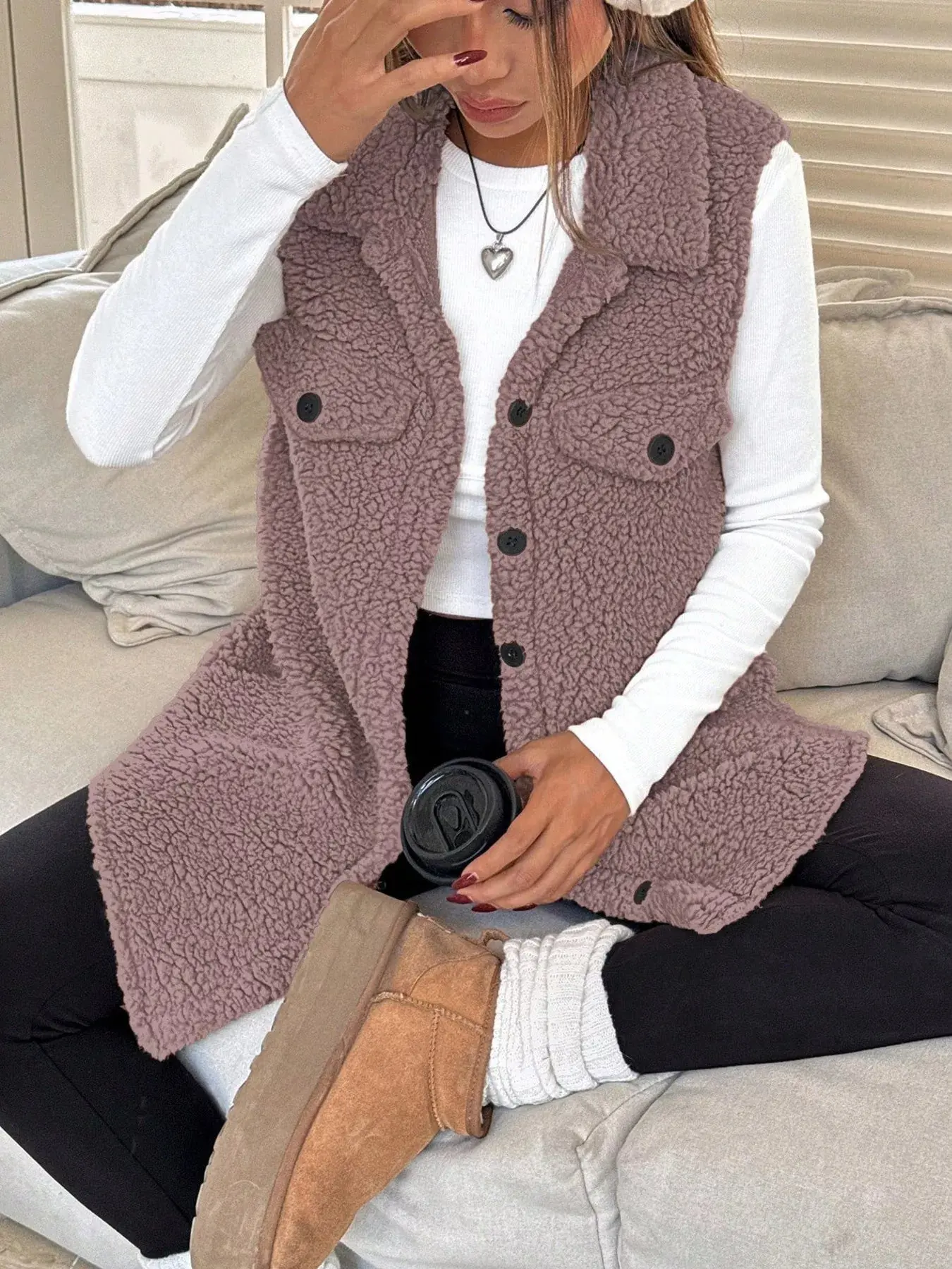 Women’s Button-Down Sherpa Fleece Vest Coat | Cozy Layered Outerwear - Image 20