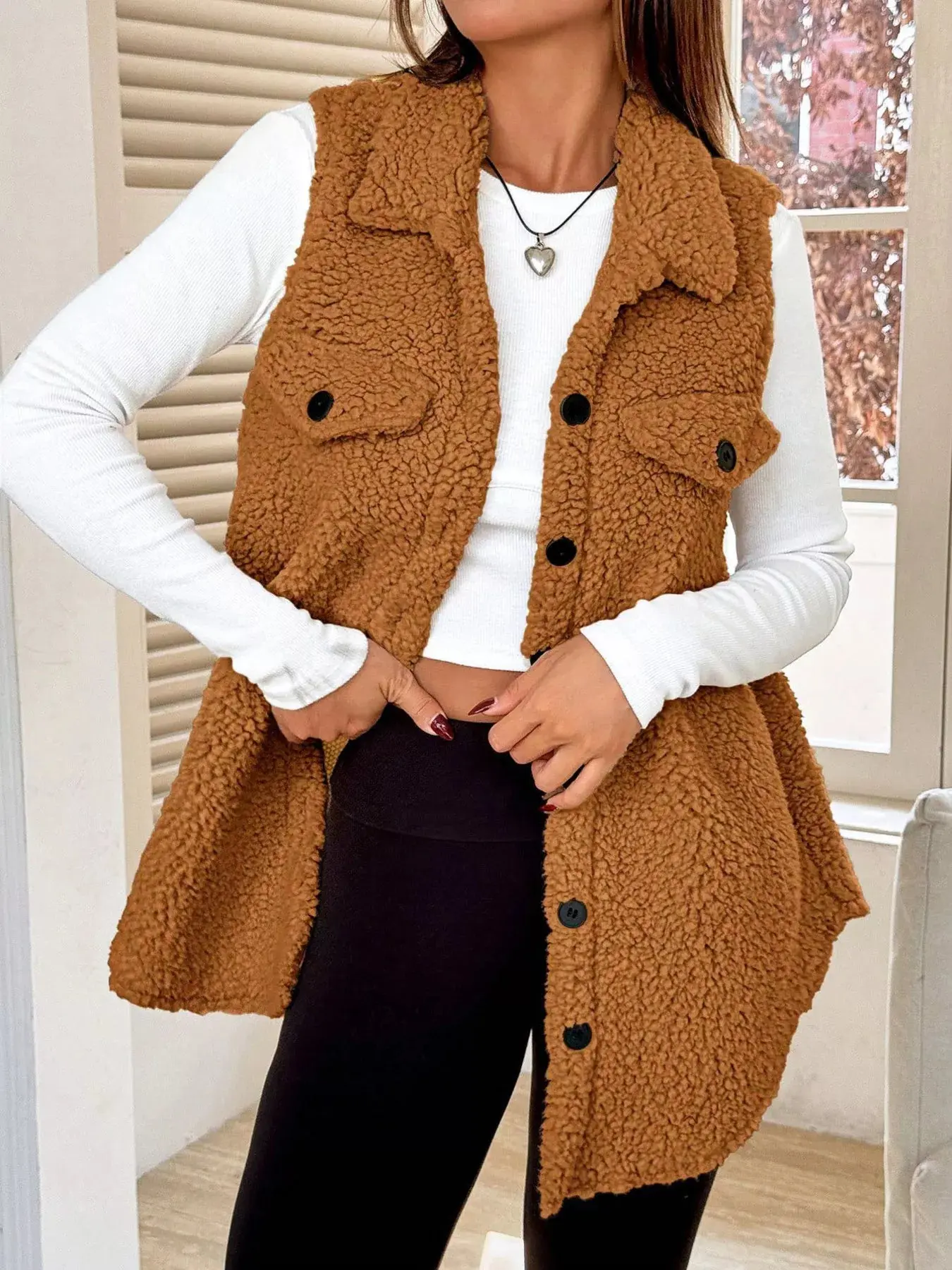Women’s Button-Down Sherpa Fleece Vest Coat | Cozy Layered Outerwear - Image 3