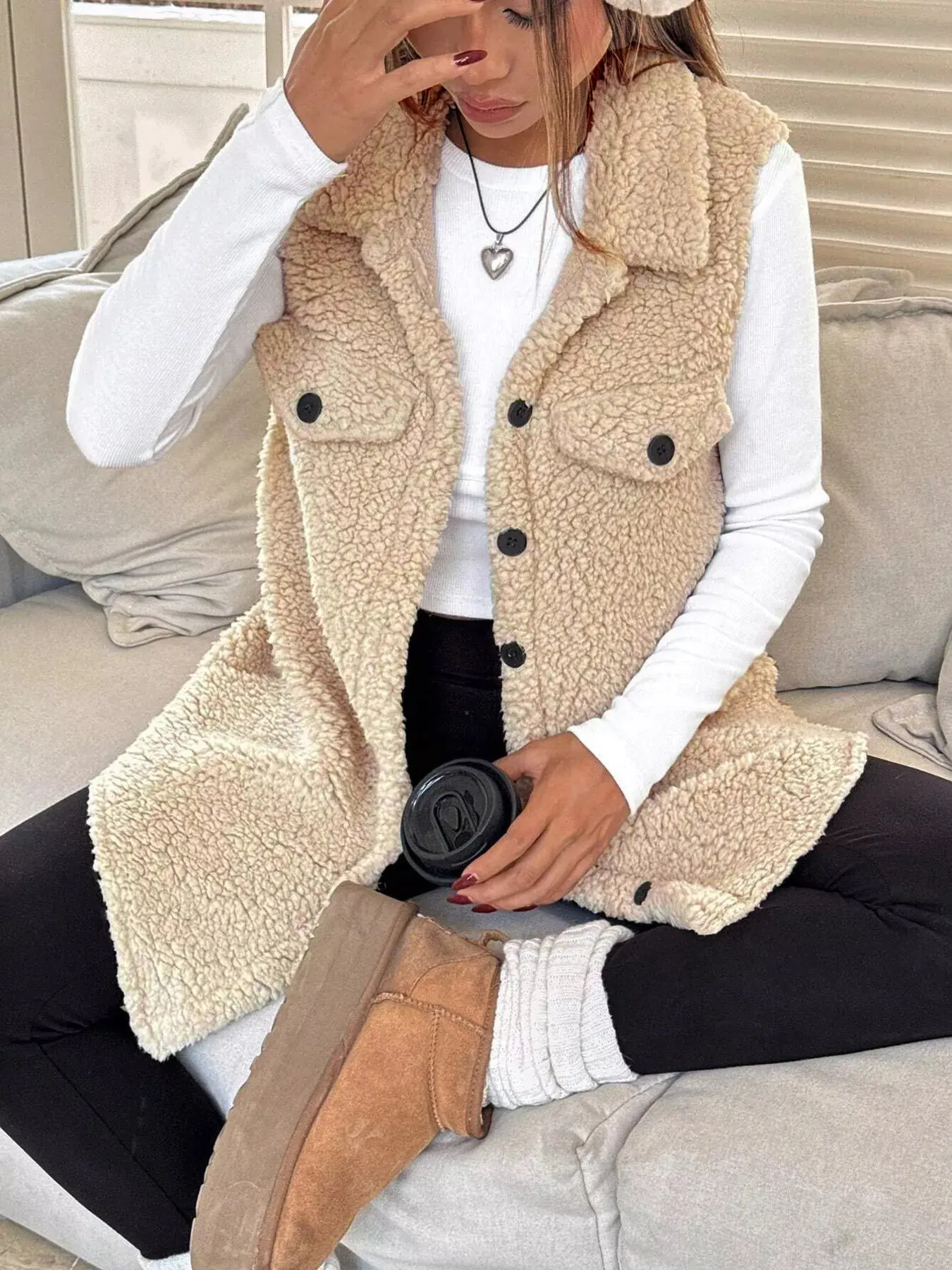 Women’s Button-Down Sherpa Fleece Vest Coat | Cozy Layered Outerwear - Image 6