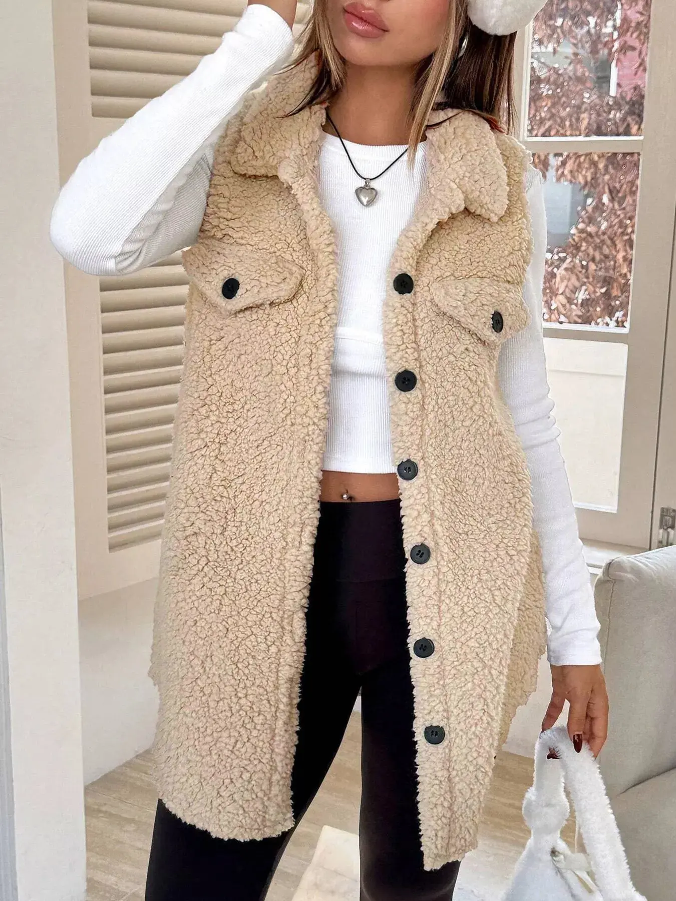 Women’s Button-Down Sherpa Fleece Vest Coat | Cozy Layered Outerwear - Image 7