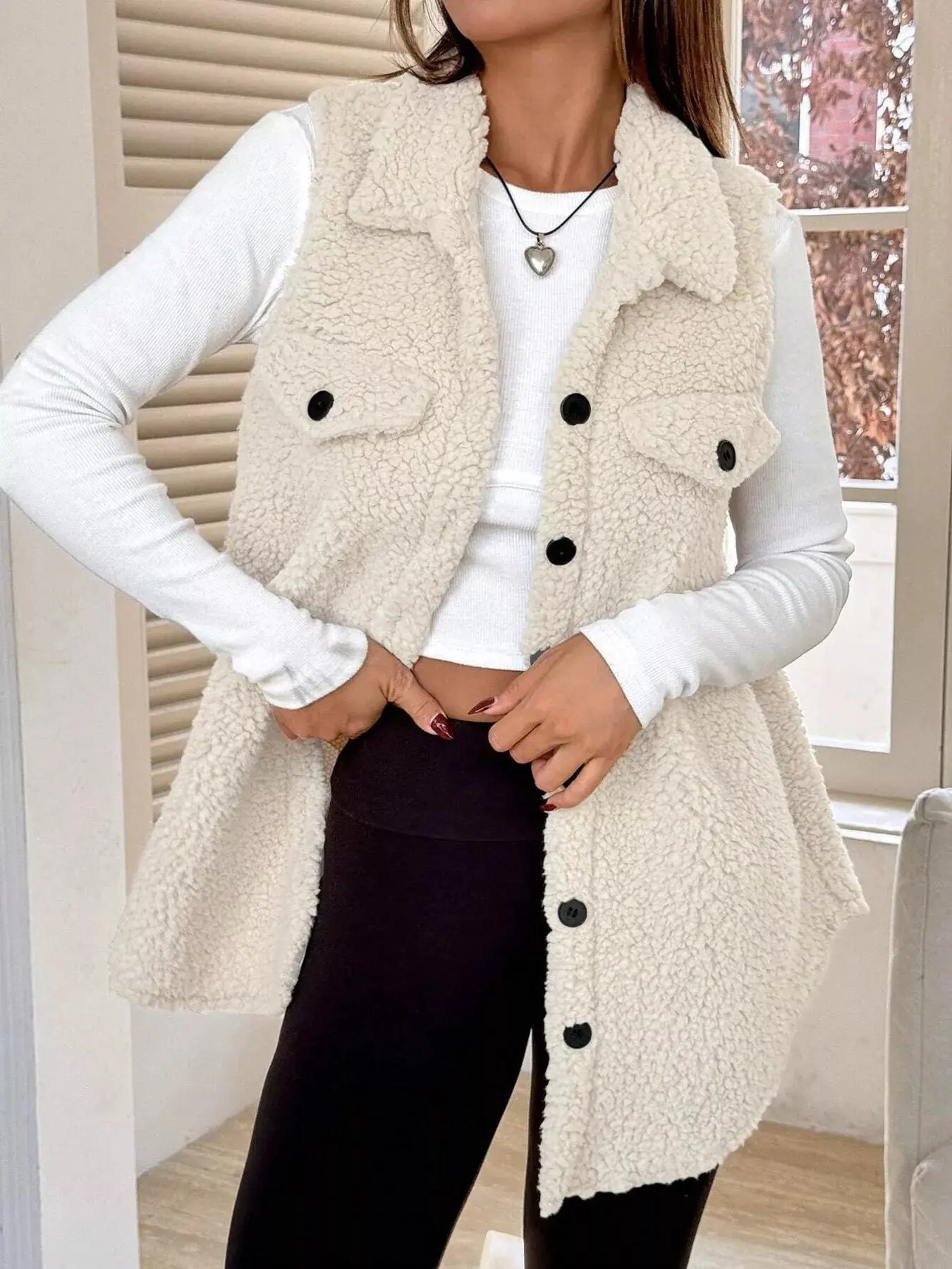 Women’s Button-Down Sherpa Fleece Vest Coat | Cozy Layered Outerwear - Image 9