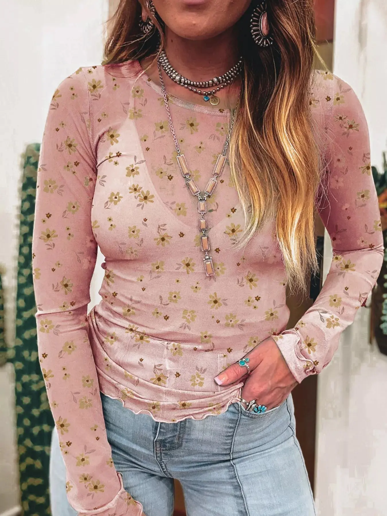 Women’s Floral Mesh Blouse | Sheer Long Sleeve Lightweight Top - Image 3