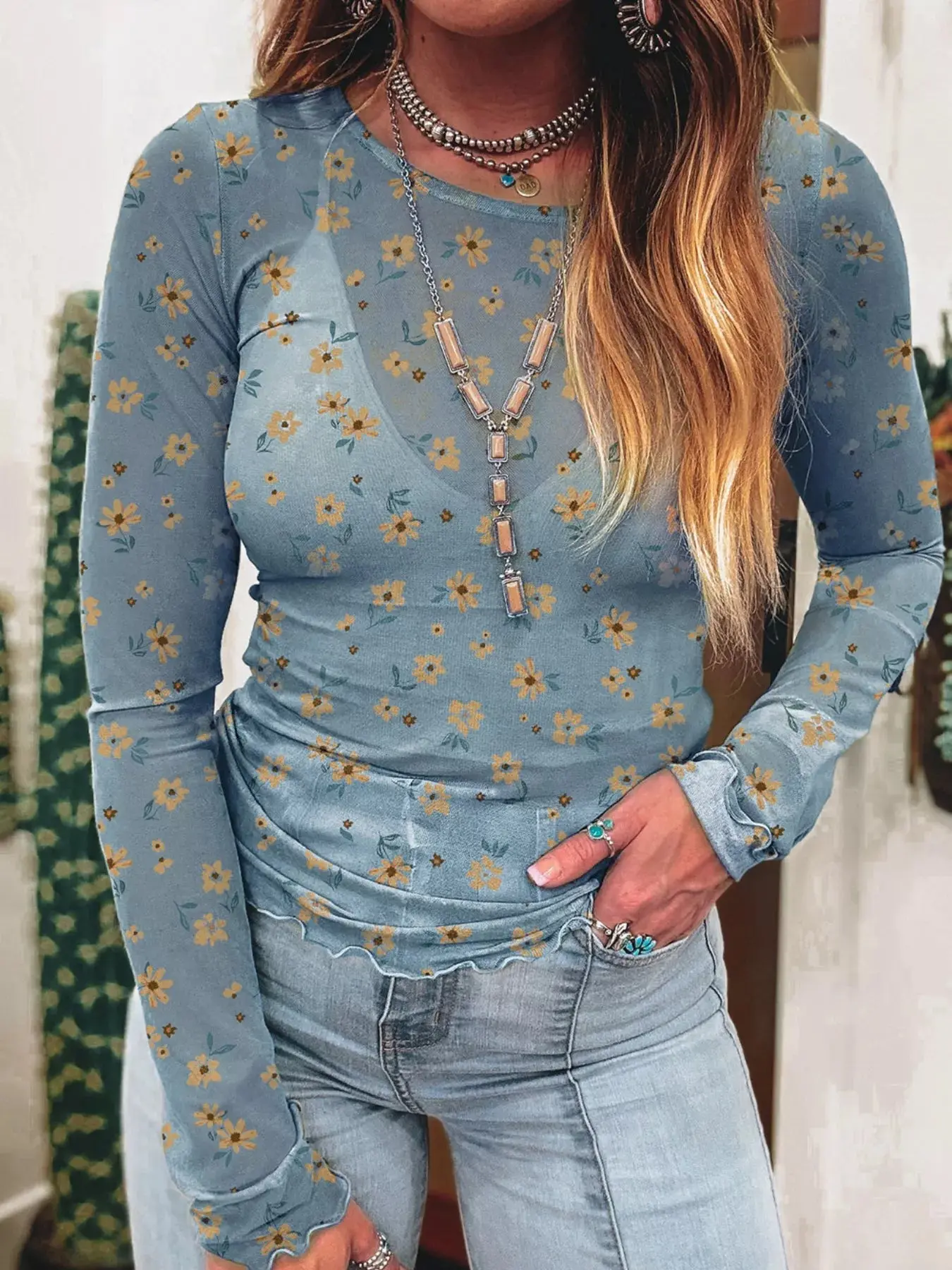 Women’s Floral Mesh Blouse | Sheer Long Sleeve Lightweight Top - Image 4