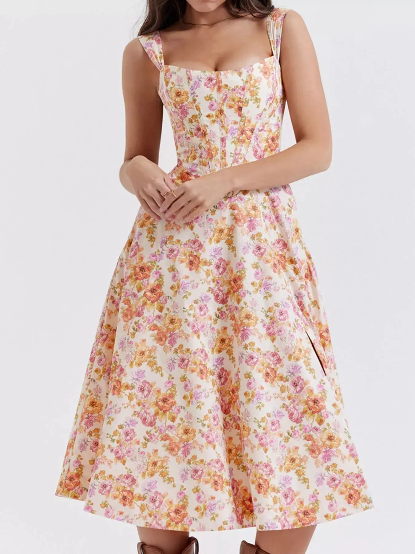 Floral Print Midi Dress with Slit - Image 10