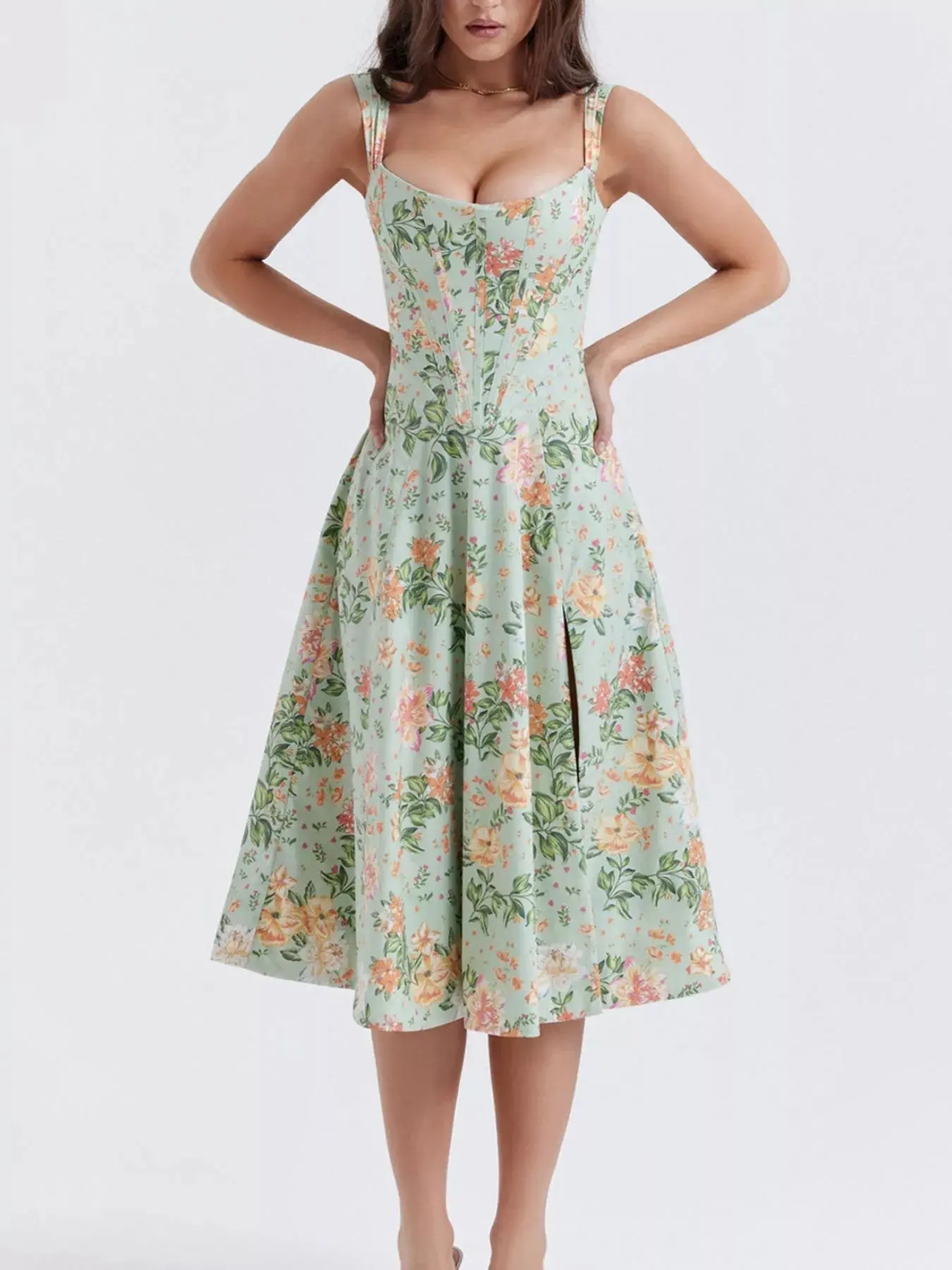Floral Print Midi Dress with Slit - Image 3