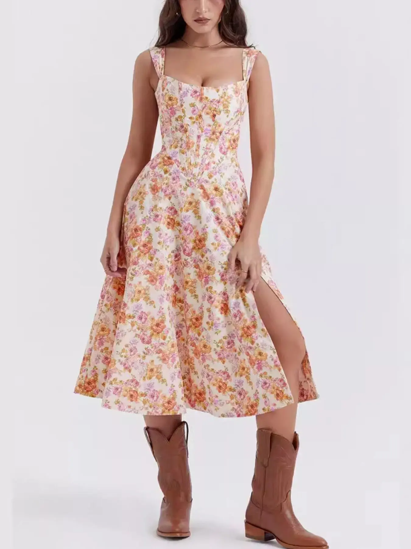 Floral Print Midi Dress with Slit - Image 6