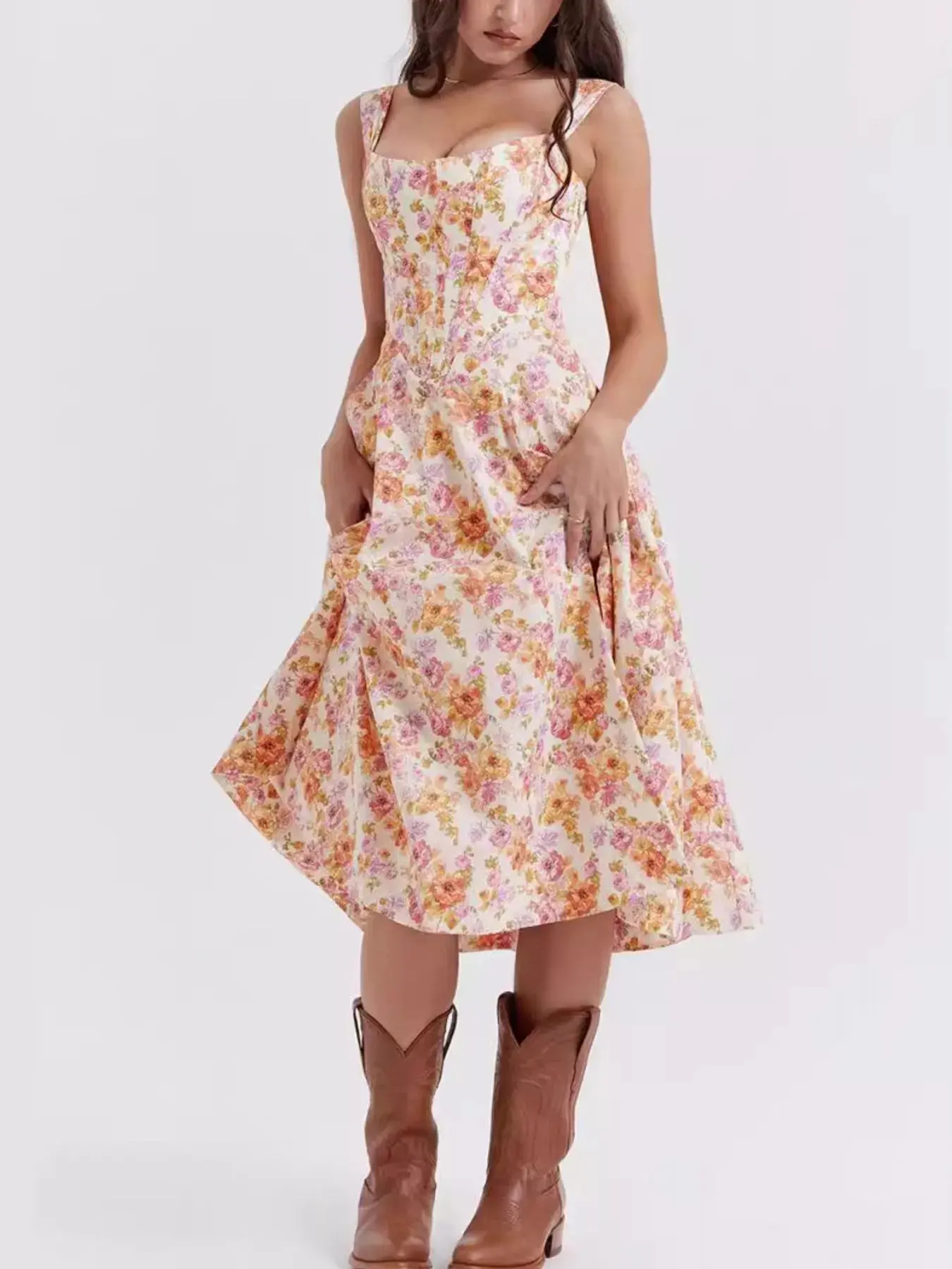 Floral Print Midi Dress with Slit - Image 7