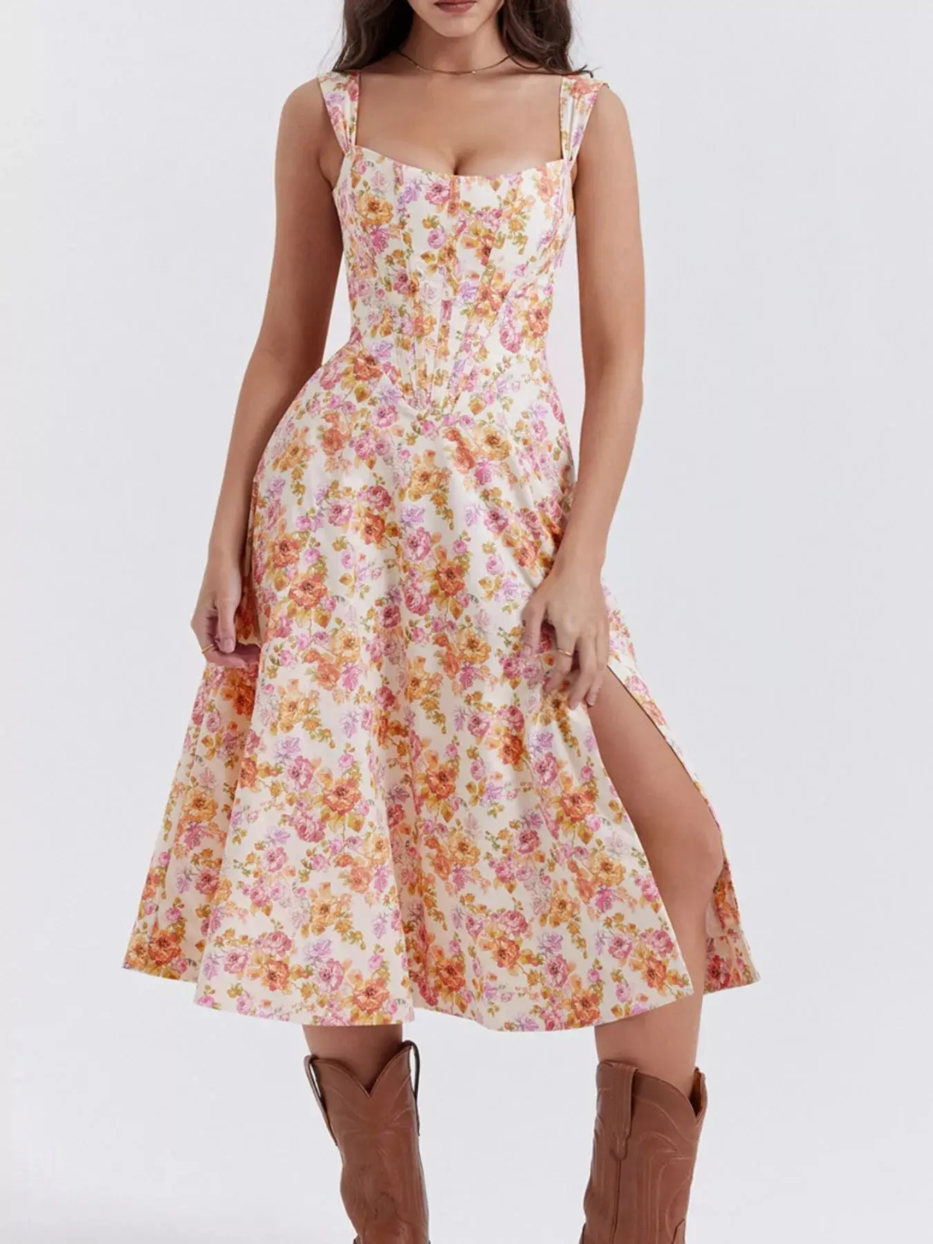Floral Print Midi Dress with Slit - Image 8