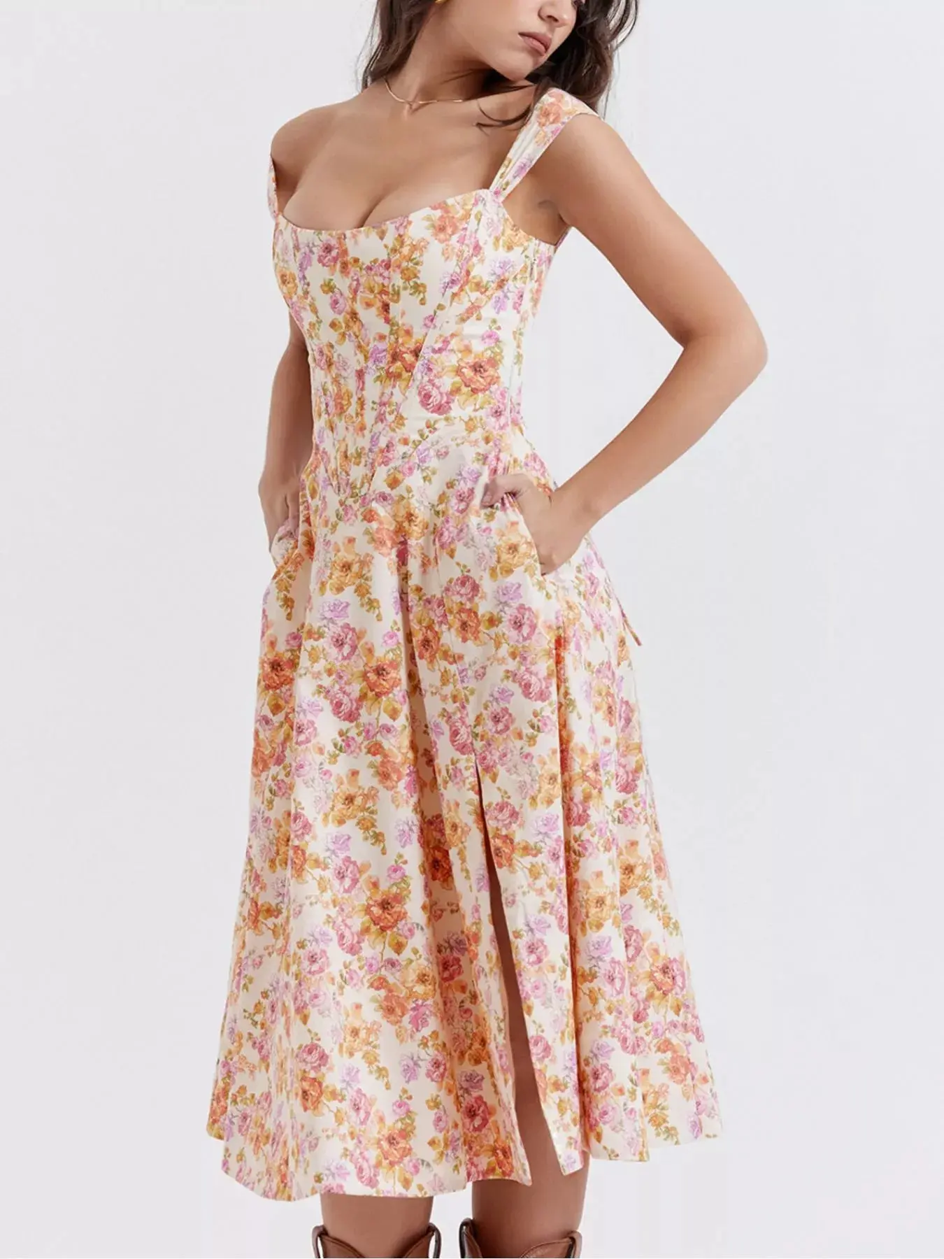 Floral Print Midi Dress with Slit - Image 9