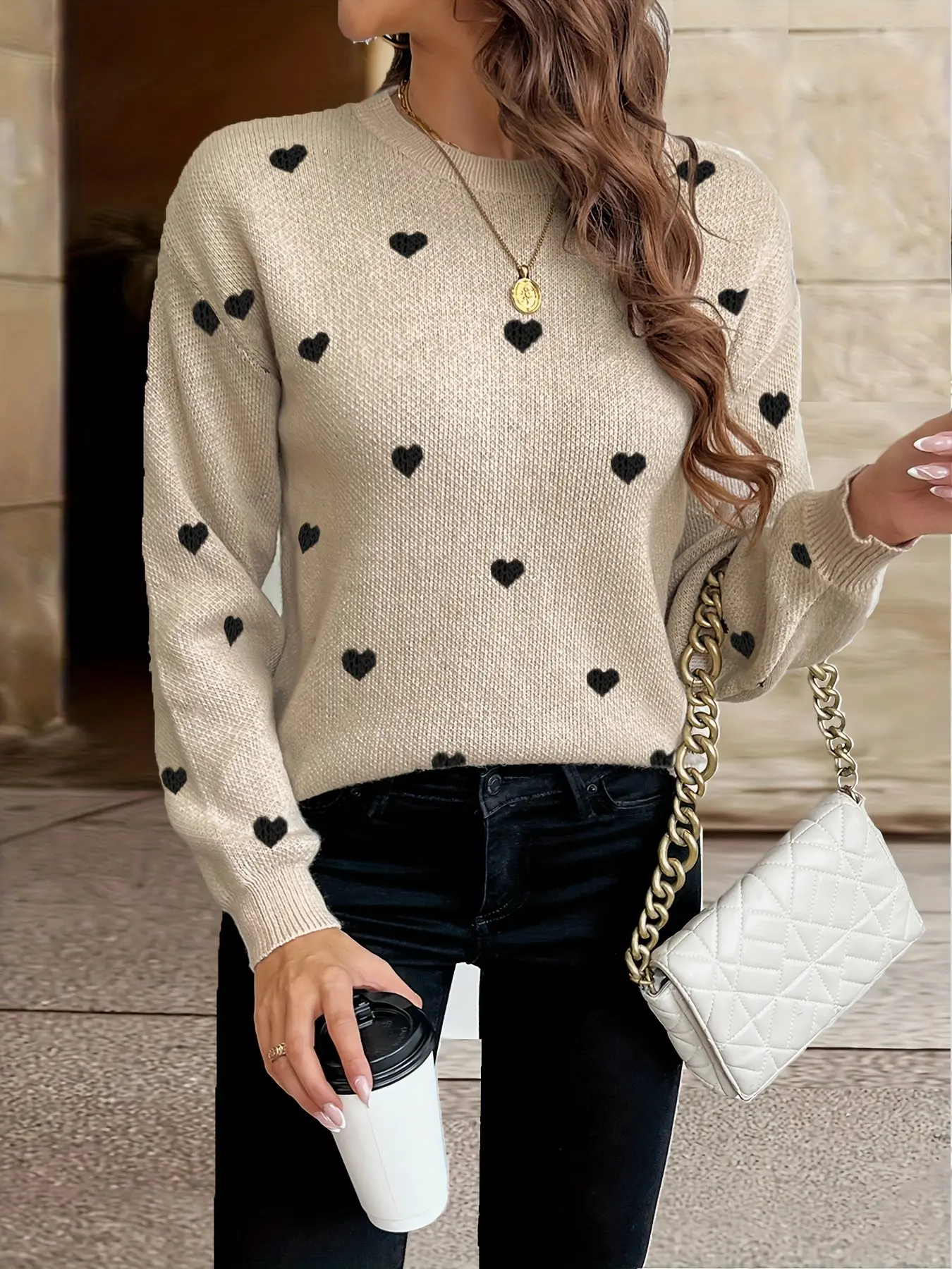Women’s Heart Pattern Knit Sweater – Pink Polyester – Crew Neck Pullover for Fall & Winter - Image 10