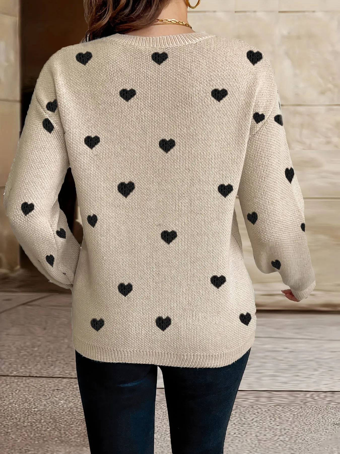 Women’s Heart Pattern Knit Sweater – Pink Polyester – Crew Neck Pullover for Fall & Winter - Image 6