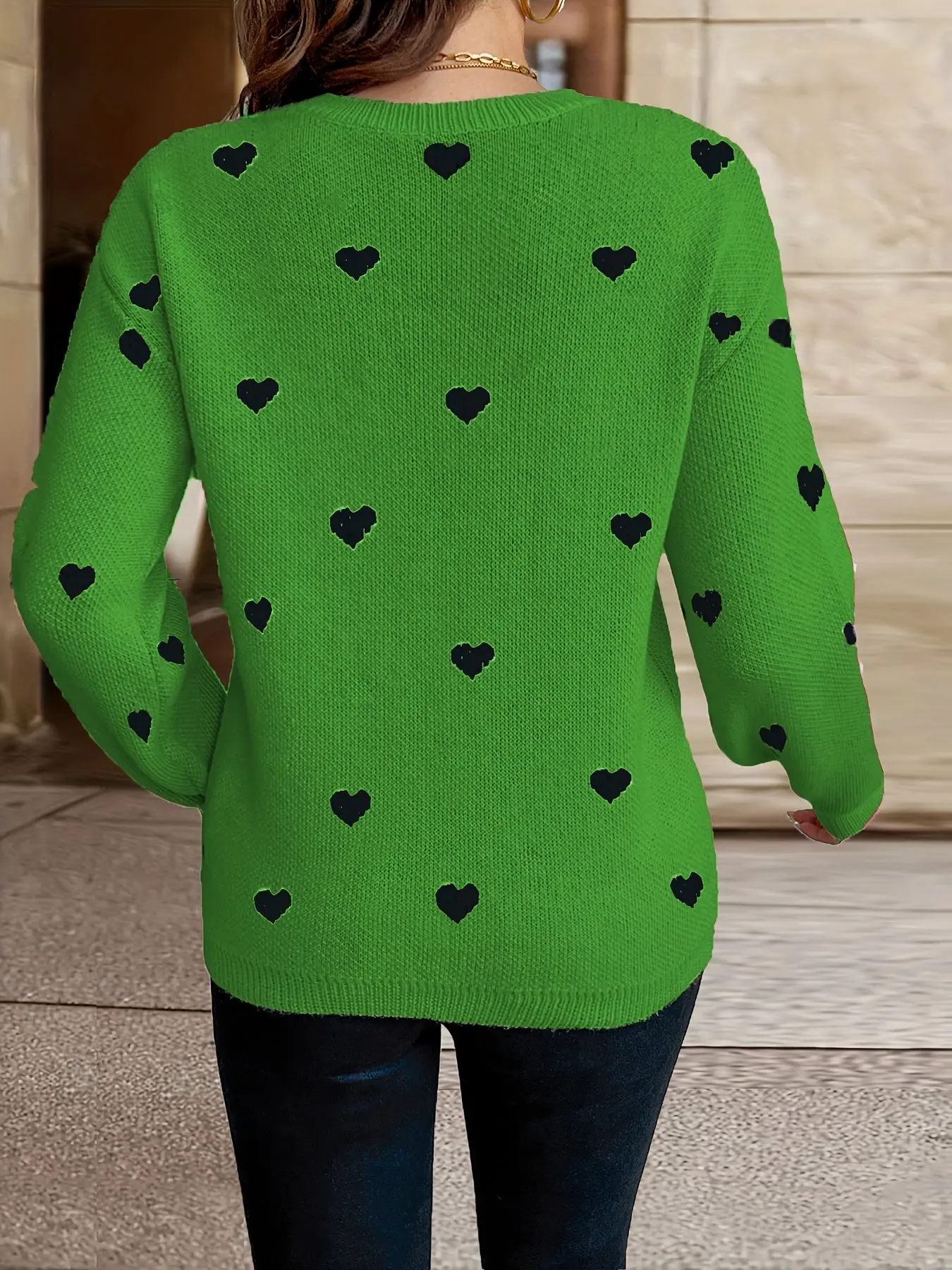 Women’s Heart Pattern Knit Sweater – Pink Polyester – Crew Neck Pullover for Fall & Winter - Image 7