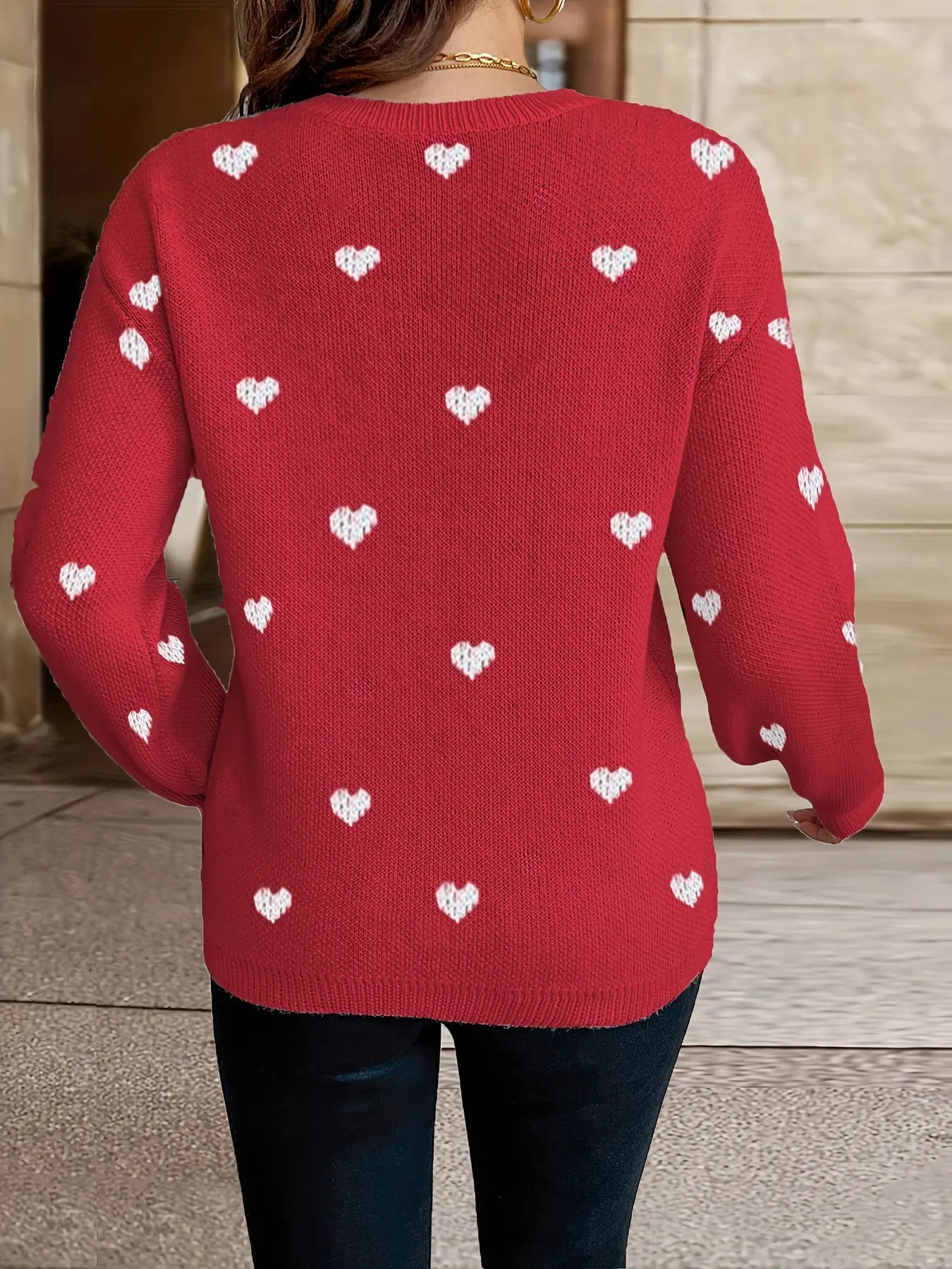 Women’s Heart Pattern Knit Sweater – Pink Polyester – Crew Neck Pullover for Fall & Winter - Image 8