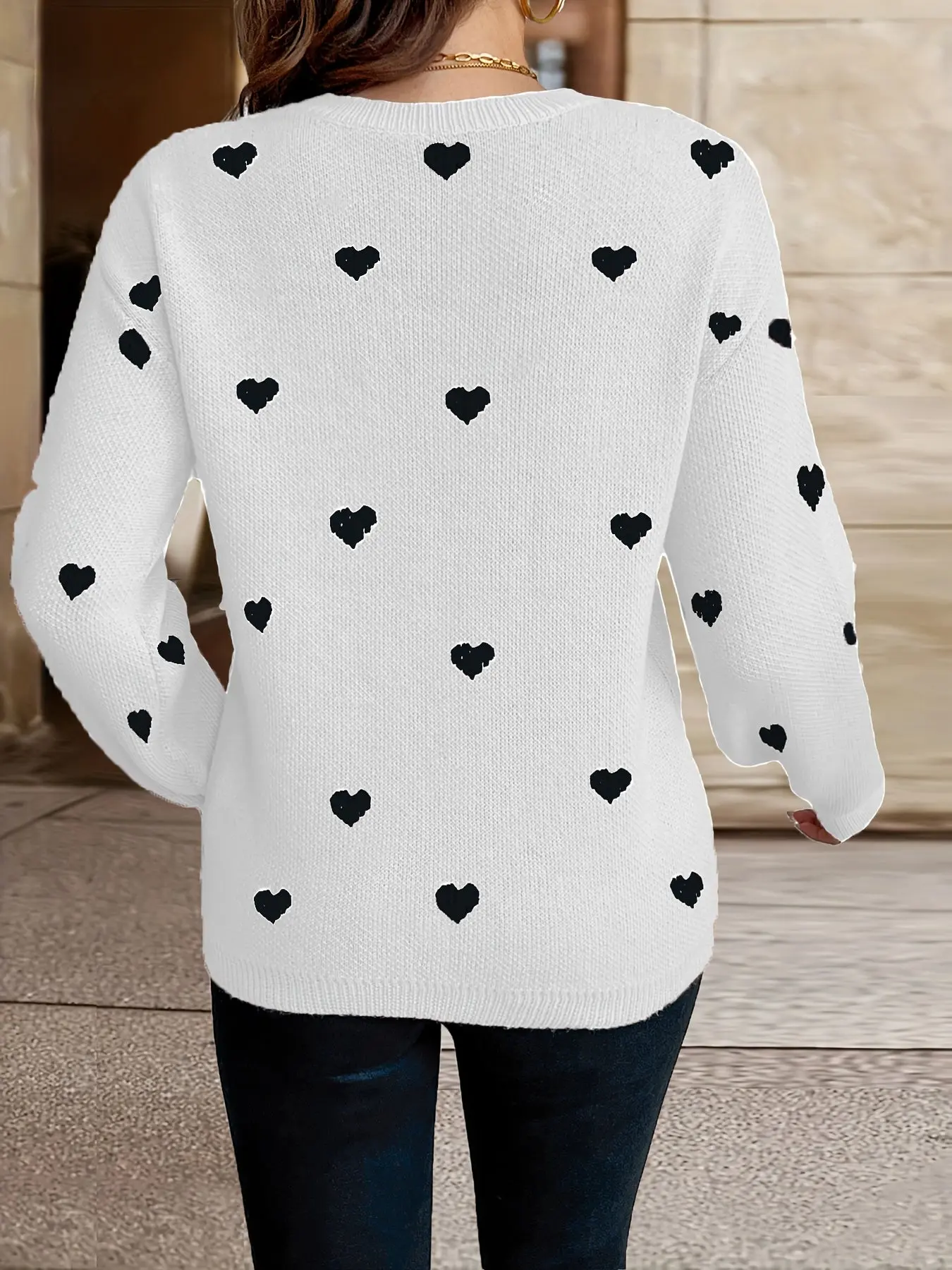 Women’s Heart Pattern Knit Sweater – Pink Polyester – Crew Neck Pullover for Fall & Winter - Image 9