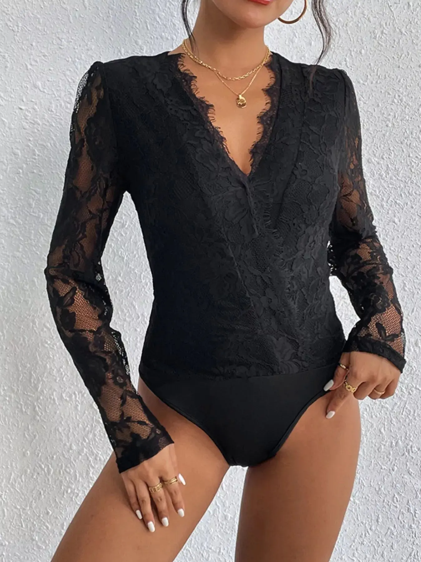Lace V-Neck Long Sleeve Bodysuit - Image 3