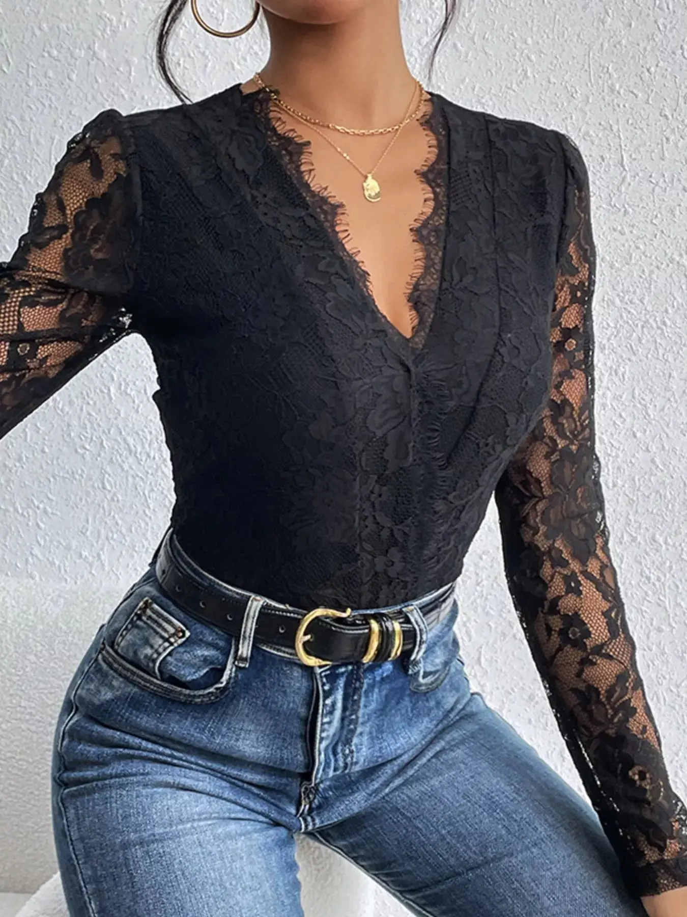 Lace V-Neck Long Sleeve Bodysuit - Image 4
