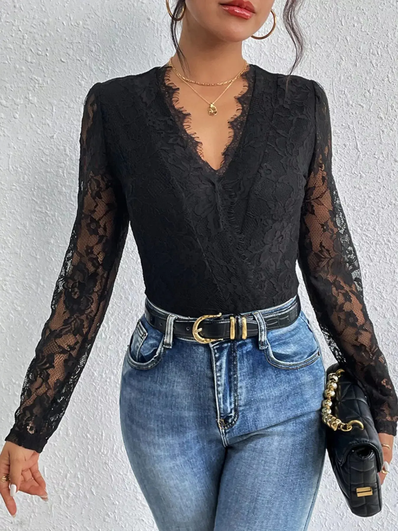 Lace V-Neck Long Sleeve Bodysuit - Image 5