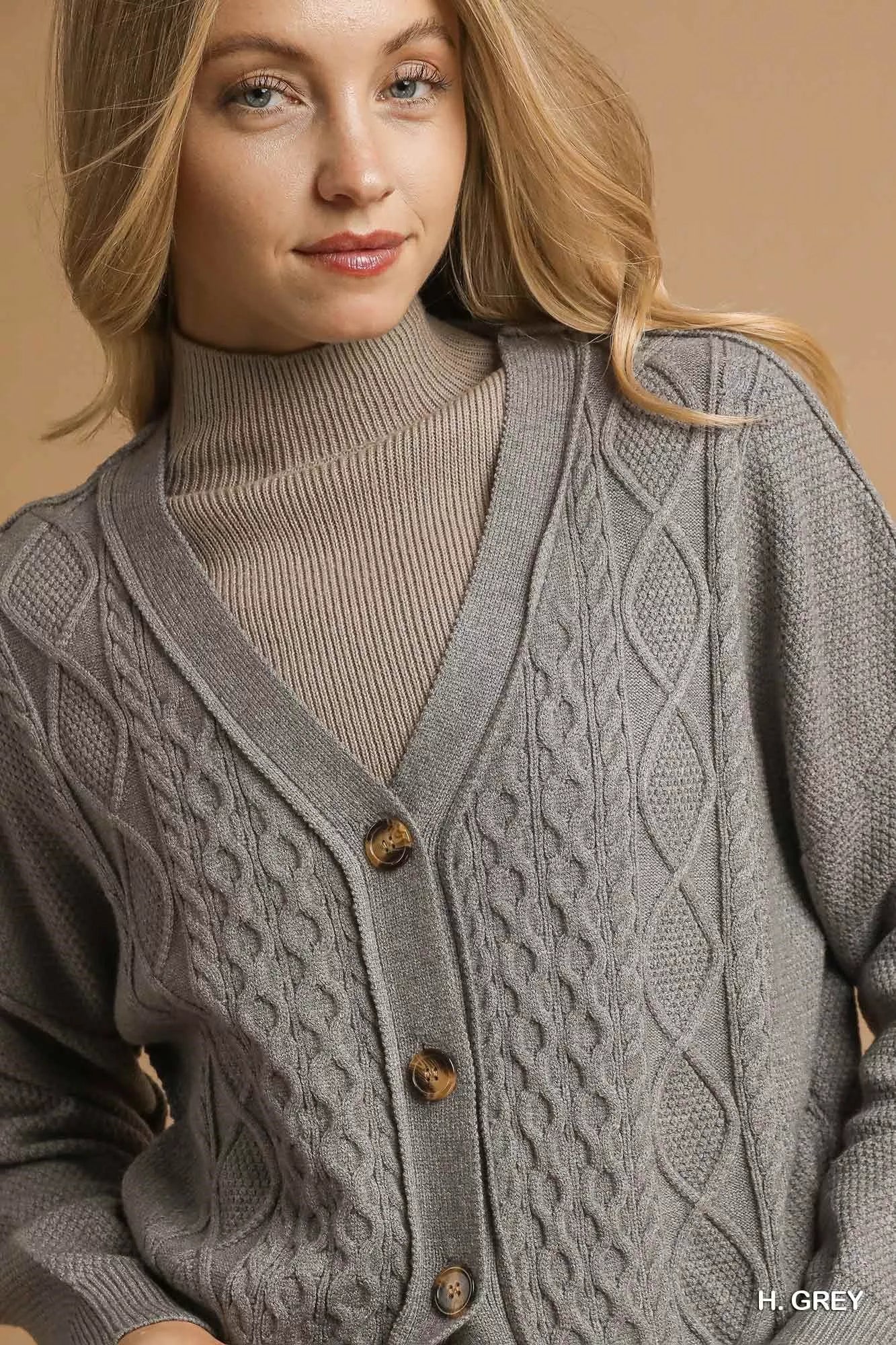 Umgee Chunky Cable Knit V-Neck Button-Up Cardigan - Image 4