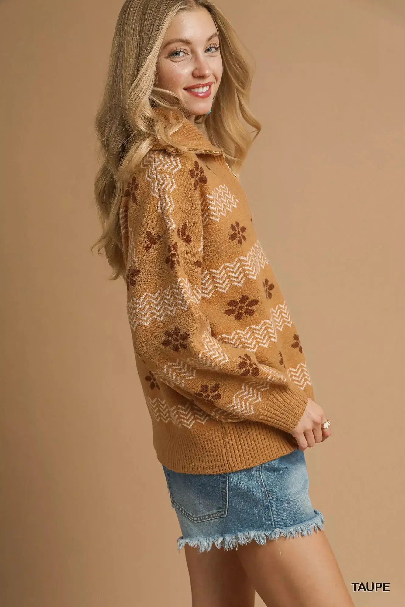 Umgee Floral Patterned Jacquard Quarter-Zip Pullover Sweater - Image 3