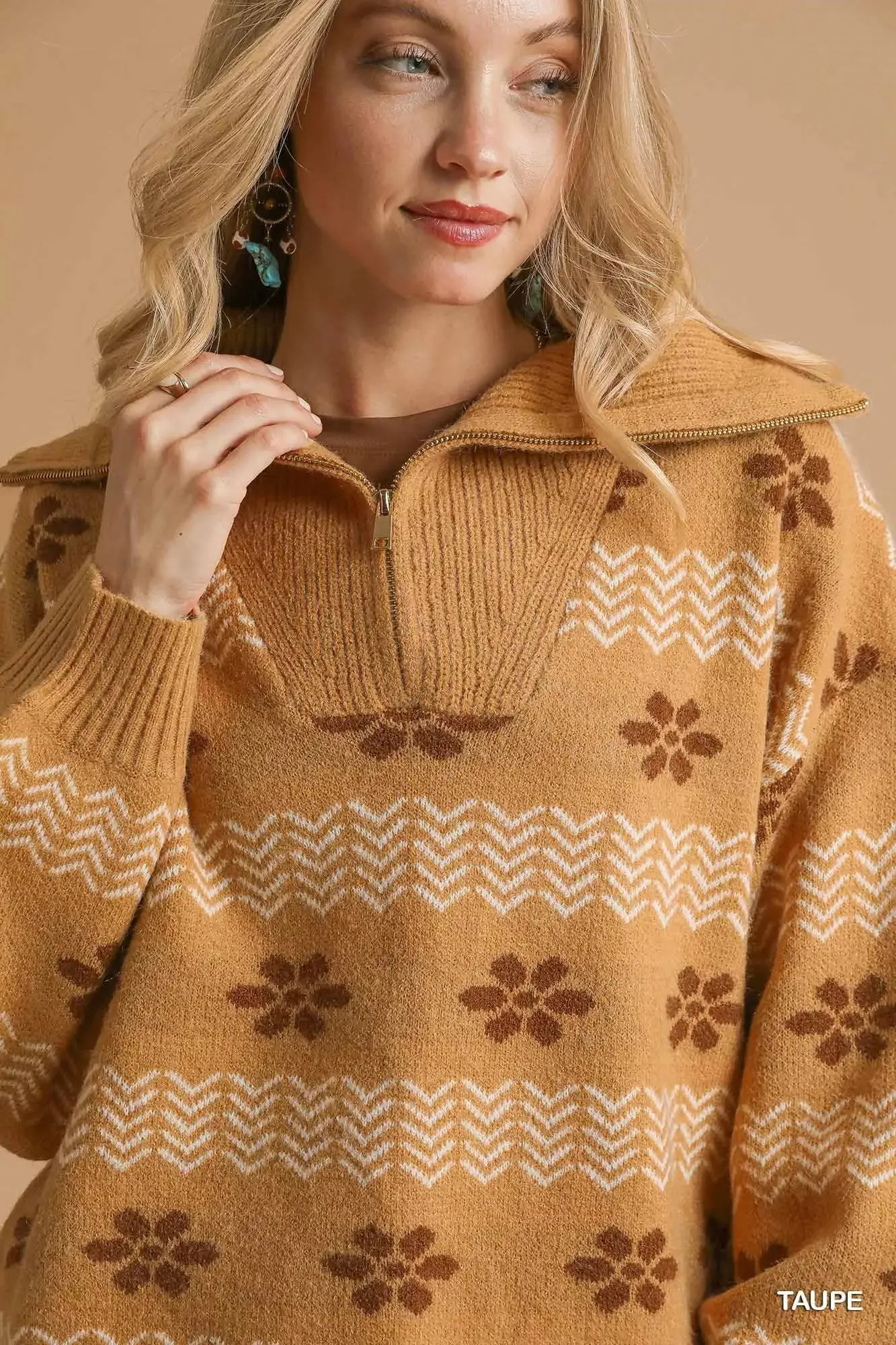 Umgee Floral Patterned Jacquard Quarter-Zip Pullover Sweater - Image 5