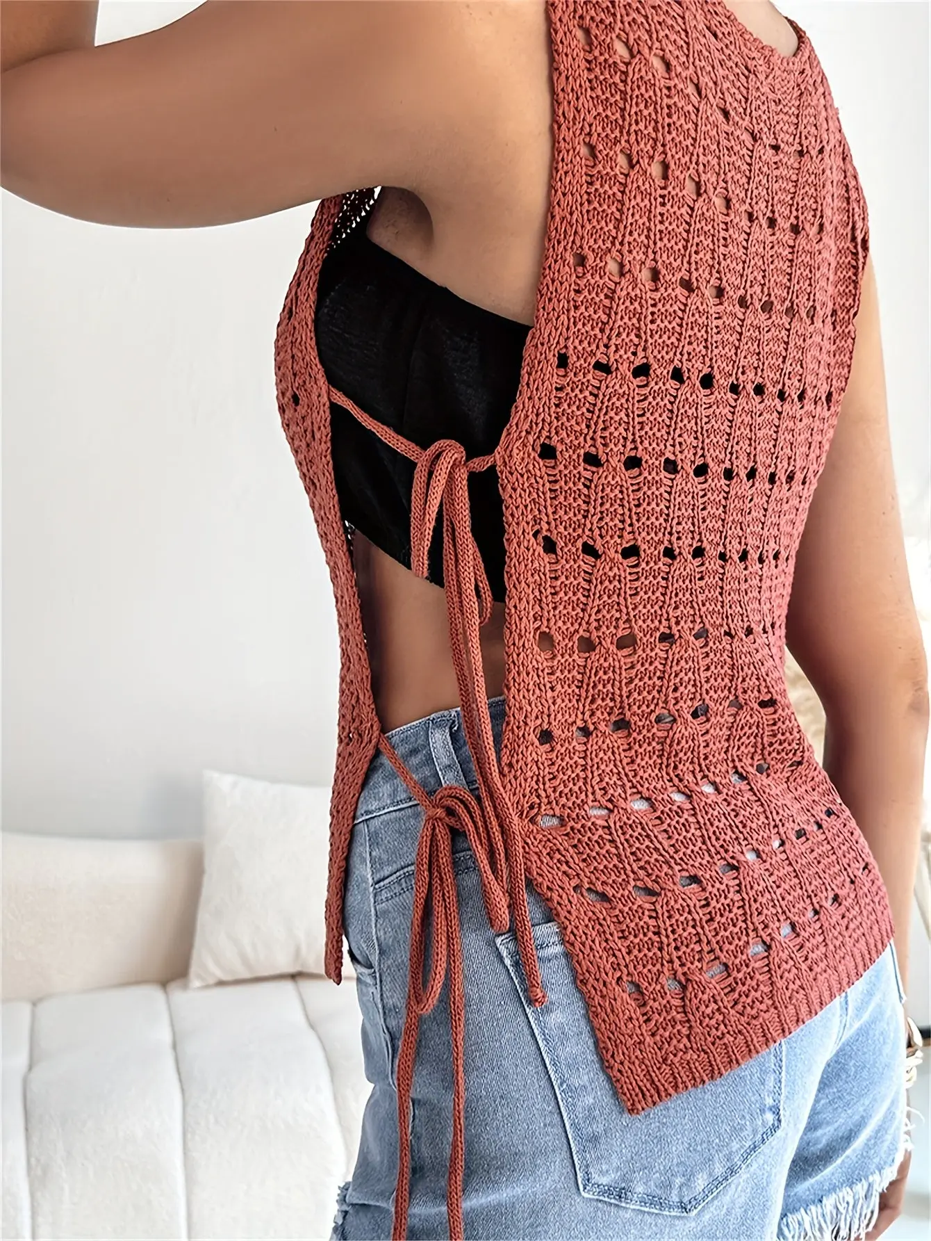 Women’s Crochet Sweater Top | Boho Chic Style | Sleeveless Openwork Knit - Image 10