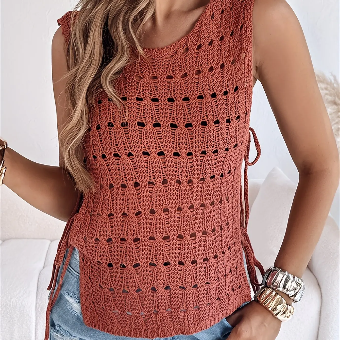 Women’s Crochet Sweater Top | Boho Chic Style | Sleeveless Openwork Knit - Image 11