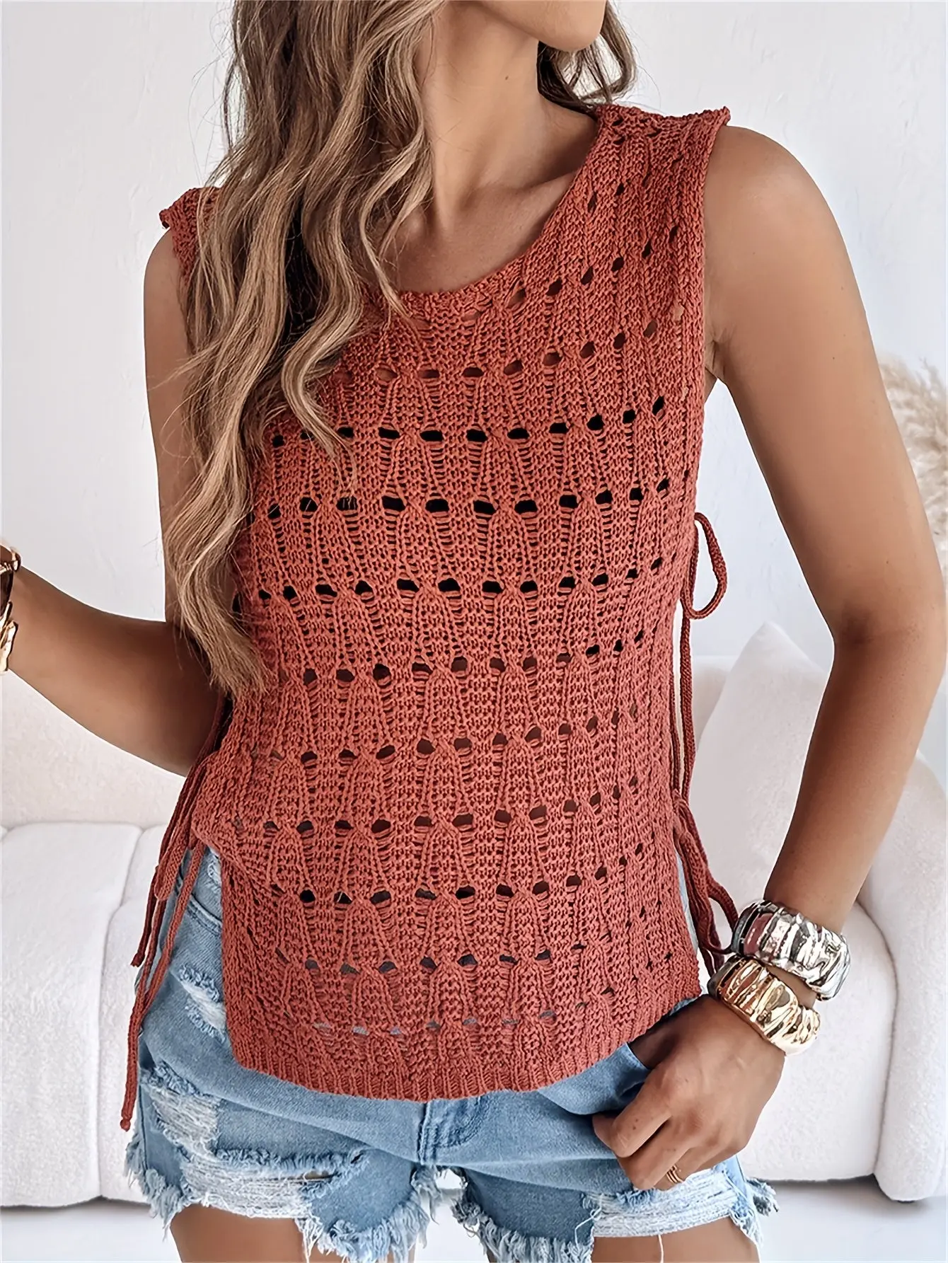 Women’s Crochet Sweater Top | Boho Chic Style | Sleeveless Openwork Knit - Image 3