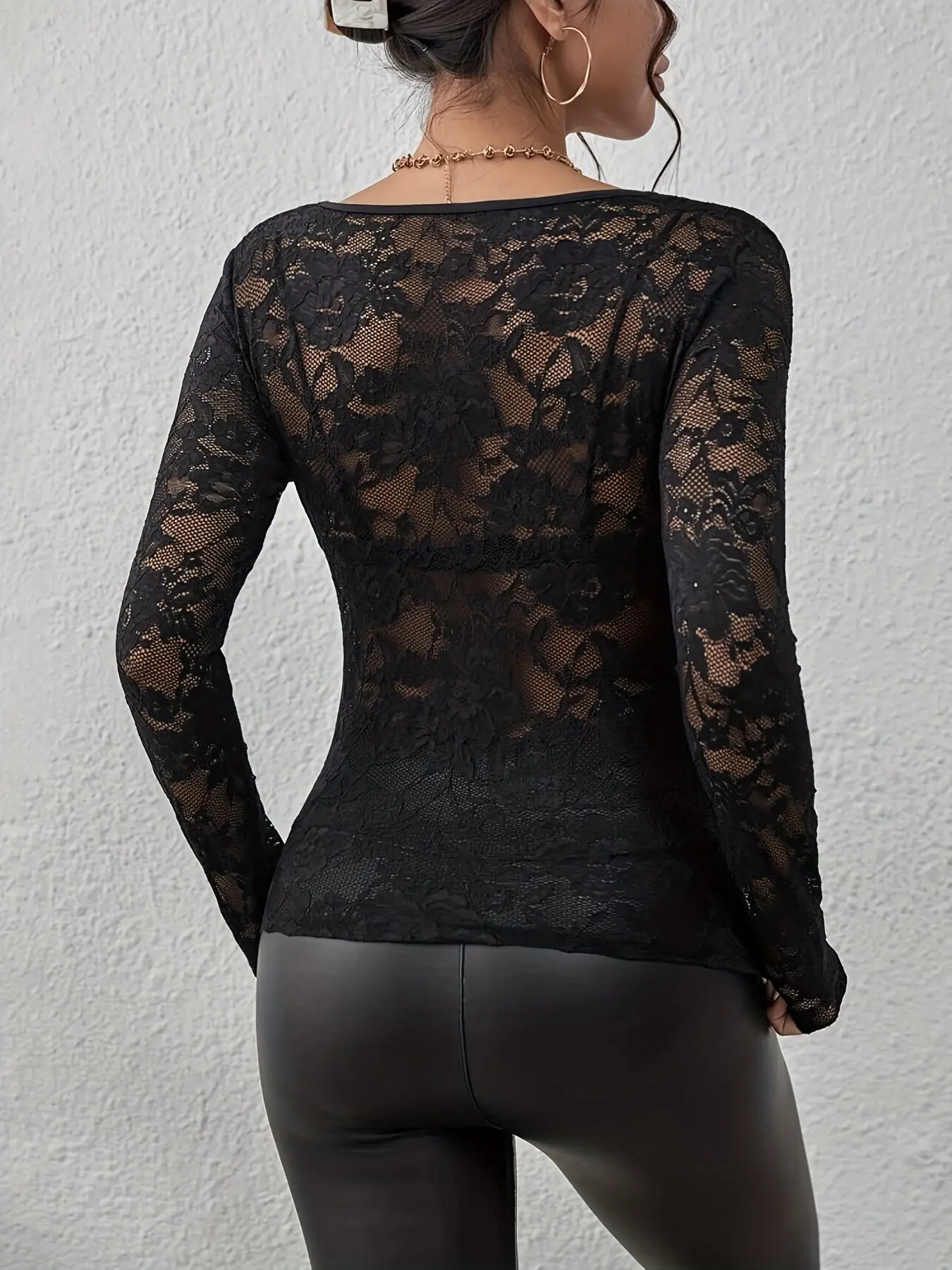 Women’s Lace V-Neck Long Sleeve Top | Elegant Scallop Cutout T-Shirt for Spring & Fall - Image 10