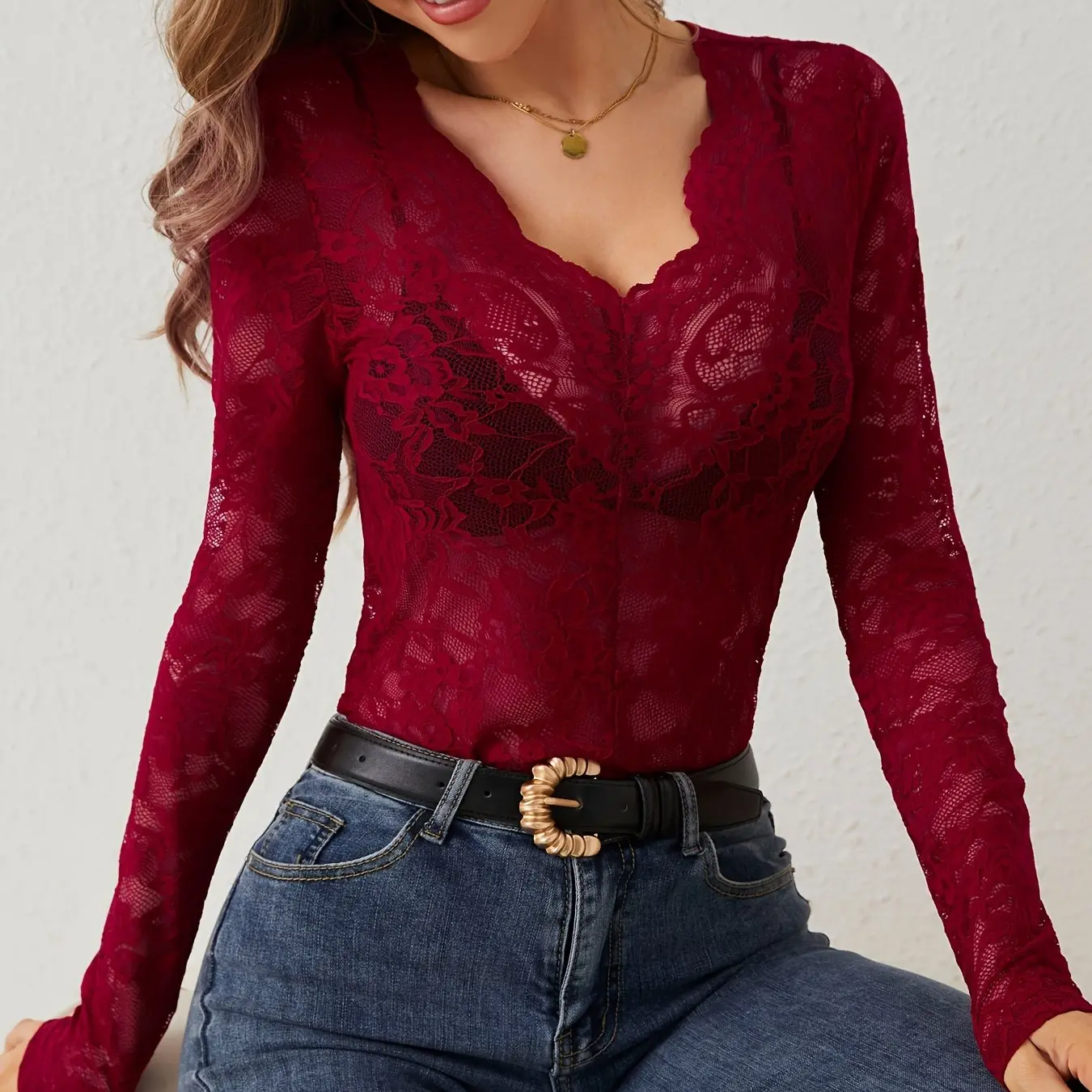 Women’s Lace V-Neck Long Sleeve Top | Elegant Scallop Cutout T-Shirt for Spring & Fall - Image 14
