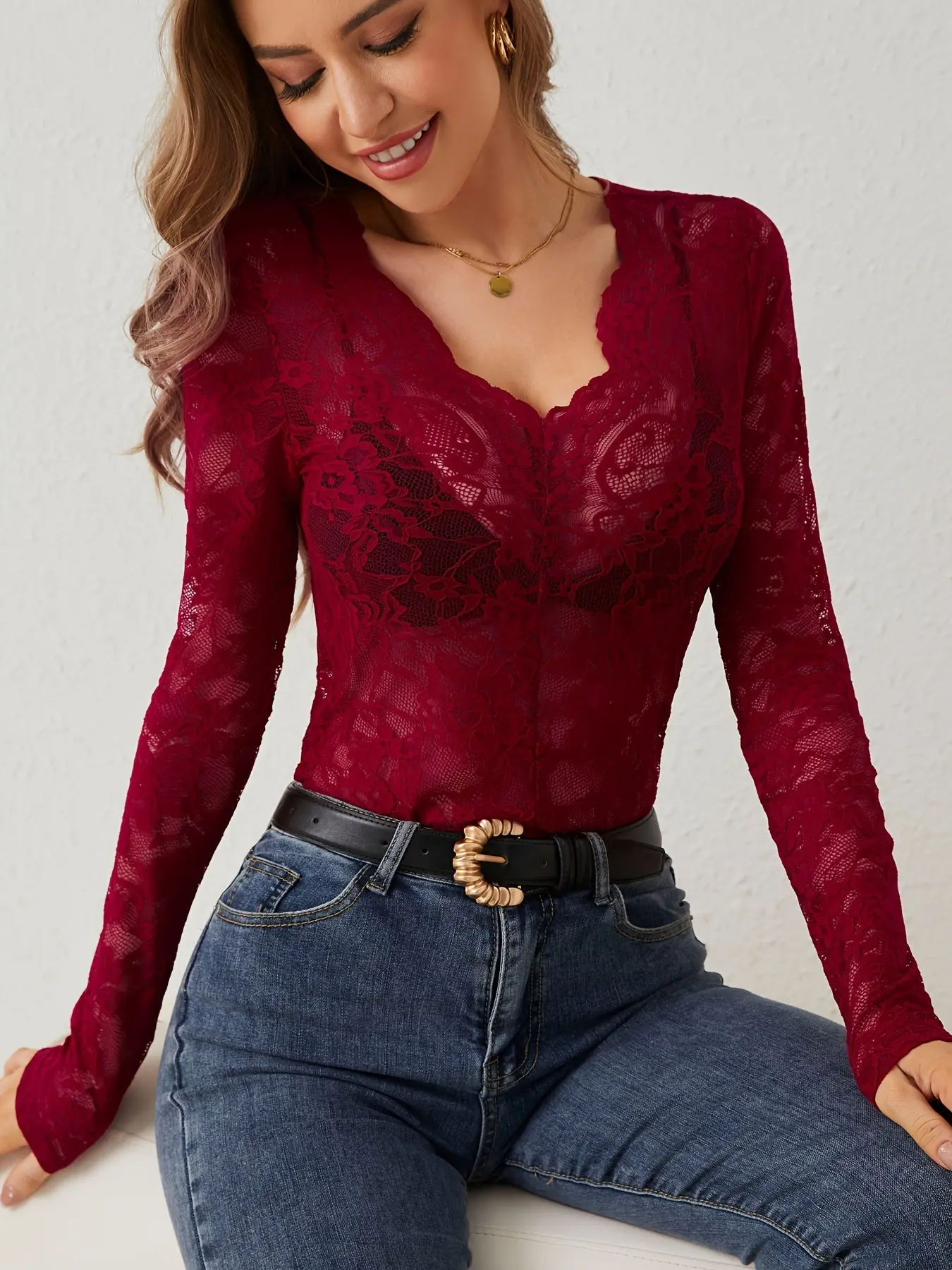 Women’s Lace V-Neck Long Sleeve Top | Elegant Scallop Cutout T-Shirt for Spring & Fall - Image 3