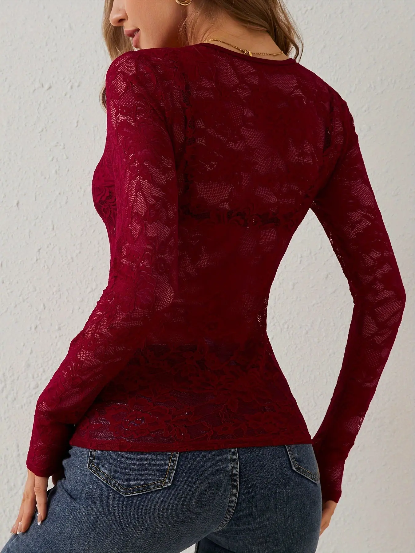Women’s Lace V-Neck Long Sleeve Top | Elegant Scallop Cutout T-Shirt for Spring & Fall - Image 7