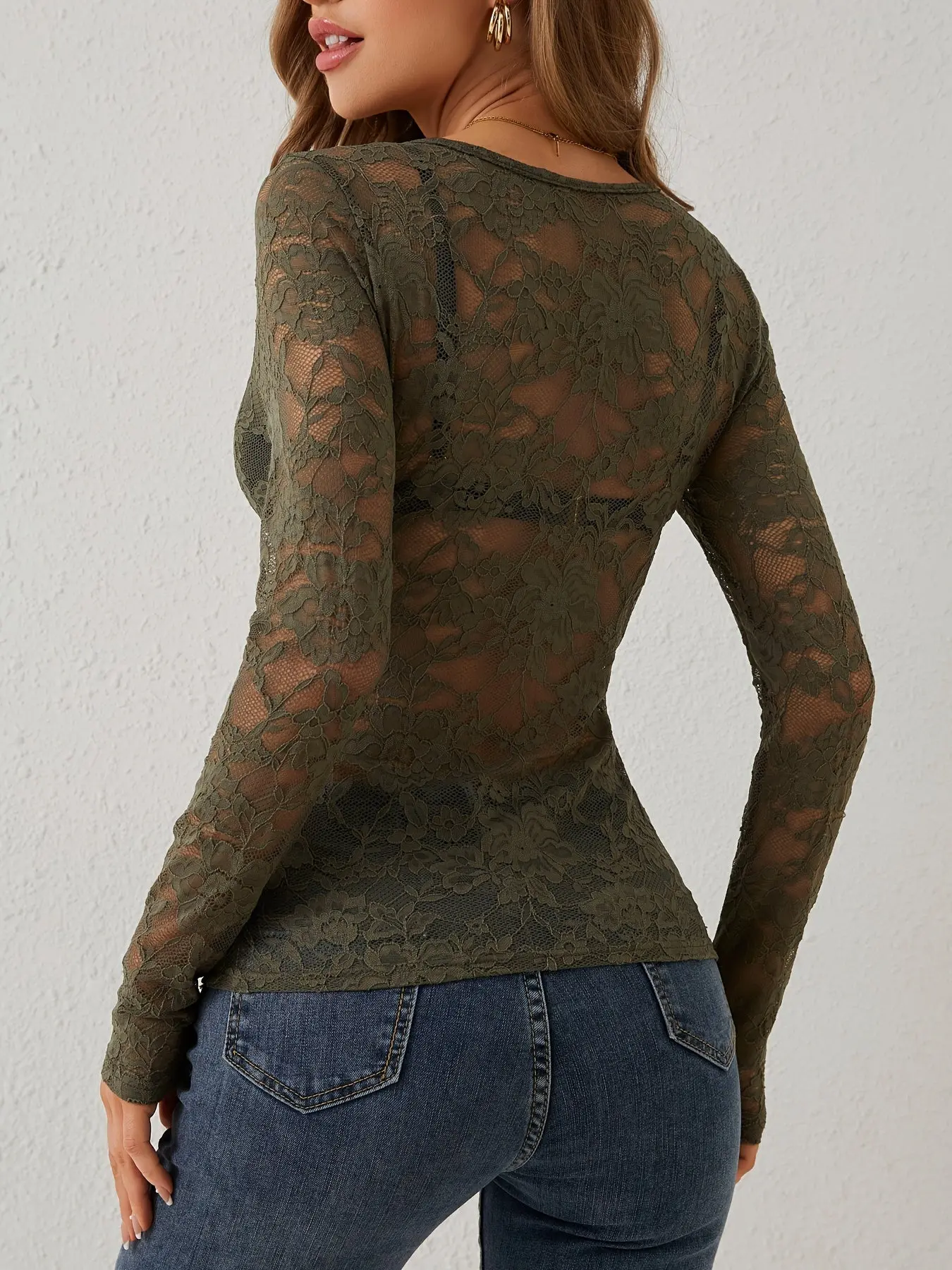 Women’s Lace V-Neck Long Sleeve Top | Elegant Scallop Cutout T-Shirt for Spring & Fall - Image 8